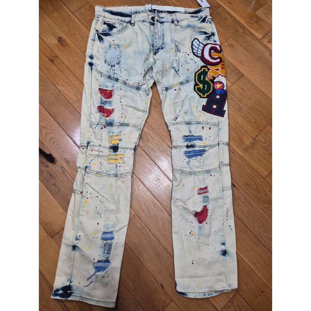 Reason New York Mens Distressed Acid Wash Paint Splatter Patch Moto Jeans 36x31